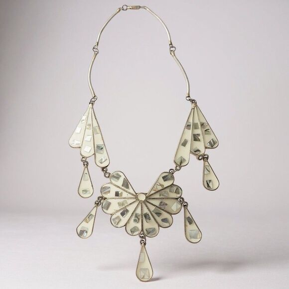 Vintage ALPACA MEXICO Silver Enamel Abalone Inlay Bib Statement Necklace - Picture 2 of 8